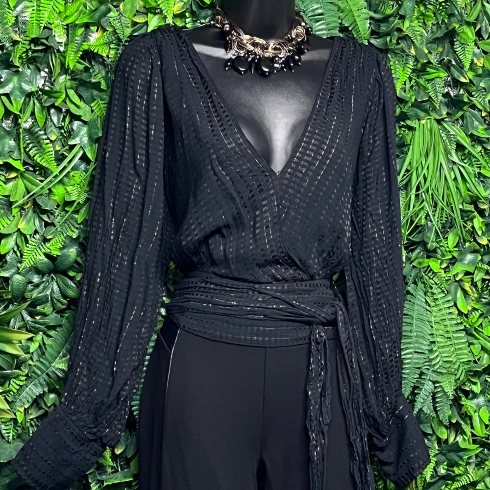 Banana Republic Top Size 6 Black Metallic Stripe Long Sleeve Boho‎ Blouse 3255 - Picture 3 of 10
